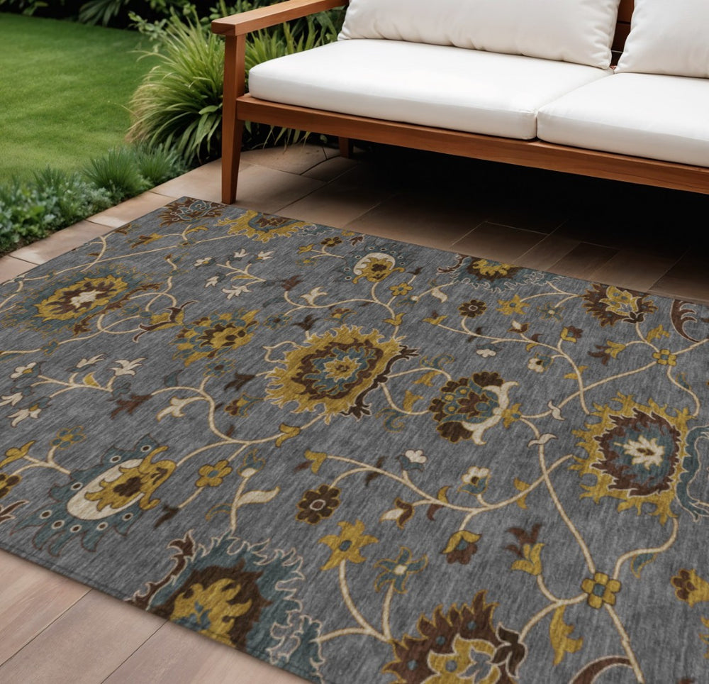 HomeRoots 8' X 10' Floral Washable Area Rug in Gray, Gold & Beige – Stylish, Durable, and Perfect for Any Space! 657928