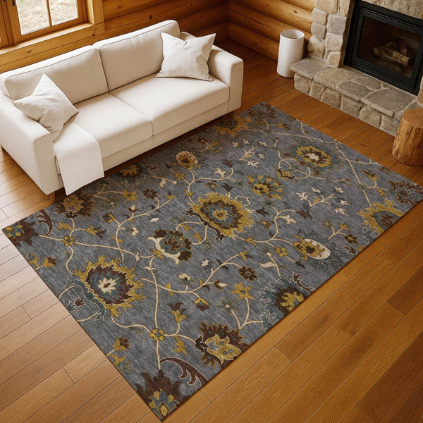 HomeRoots 8' X 10' Floral Washable Area Rug in Gray, Gold & Beige – Stylish, Durable, and Perfect for Any Space! 657928
