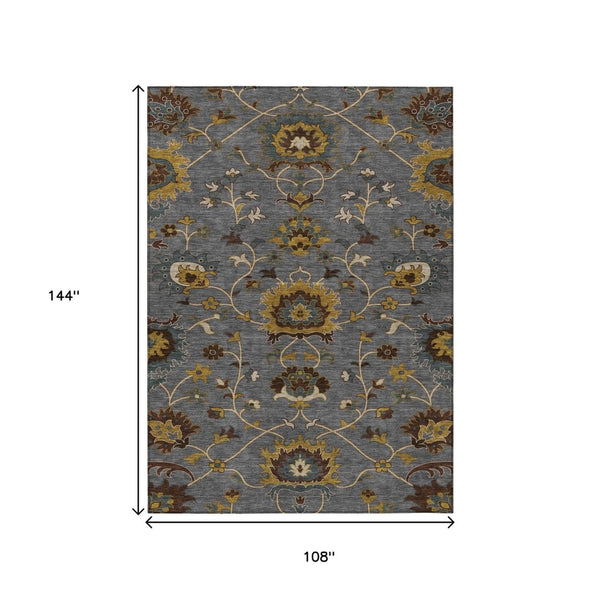 HomeRoots 9' Floral Indoor Outdoor Area Rug in Gray, Gold & Beige - Washable, Non-Slip, Durable & Stylish! 657929