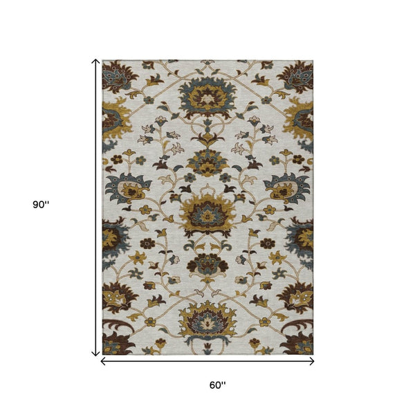 HomeRoots 5' Elegant Ivory Gray and Gold Floral Washable Area Rug for Indoor and Outdoor Spaces - Durable & Stylish 657932