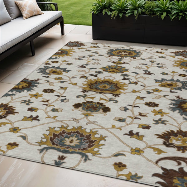 HomeRoots 5' Elegant Ivory Gray and Gold Floral Washable Area Rug for Indoor and Outdoor Spaces - Durable & Stylish 657932