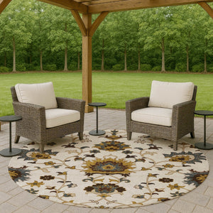 HomeRoots 8' Elegant Floral Area Rug in Ivory, Gray & Gold – Washable, Stain-Resistant for Indoor/Outdoor Use 657933