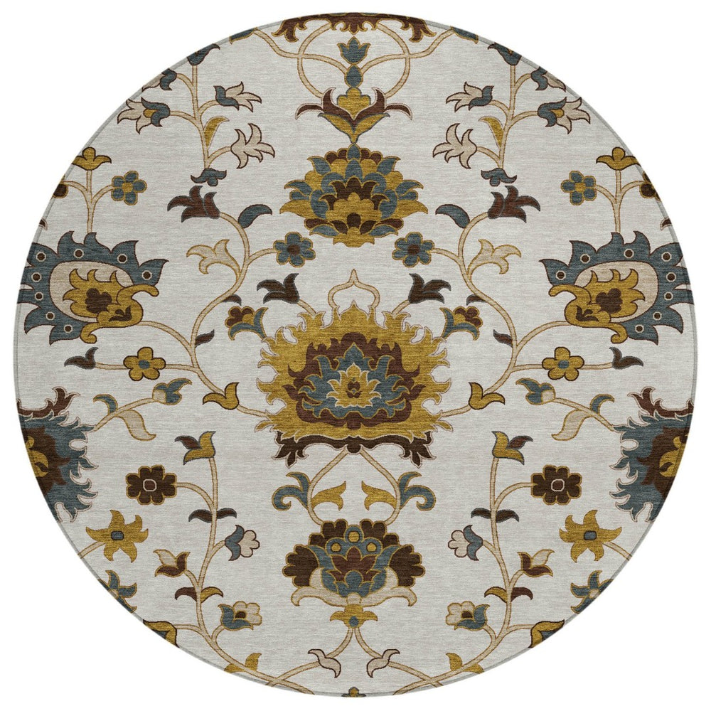 HomeRoots 8' Elegant Floral Area Rug in Ivory, Gray & Gold – Washable, Stain-Resistant for Indoor/Outdoor Use 657933