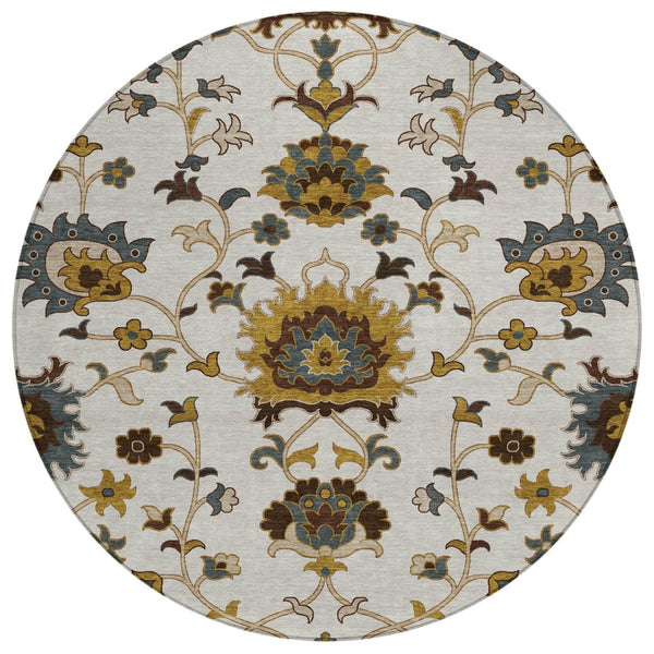 HomeRoots 8' Elegant Floral Area Rug in Ivory, Gray & Gold – Washable, Stain-Resistant for Indoor/Outdoor Use 657933