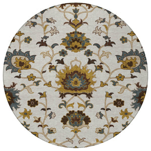 HomeRoots 8' Elegant Floral Area Rug in Ivory, Gray & Gold – Washable, Stain-Resistant for Indoor/Outdoor Use 657933