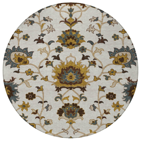 HomeRoots 8' Elegant Floral Area Rug in Ivory, Gray & Gold – Washable, Stain-Resistant for Indoor/Outdoor Use 657933