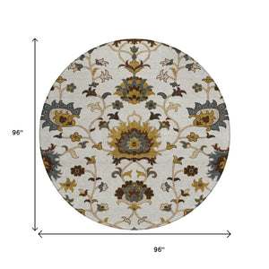 HomeRoots 8' Elegant Floral Area Rug in Ivory, Gray & Gold – Washable, Stain-Resistant for Indoor/Outdoor Use 657933