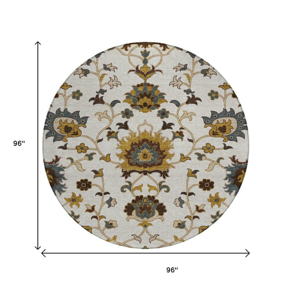 HomeRoots 8' Elegant Floral Area Rug in Ivory, Gray & Gold – Washable, Stain-Resistant for Indoor/Outdoor Use 657933