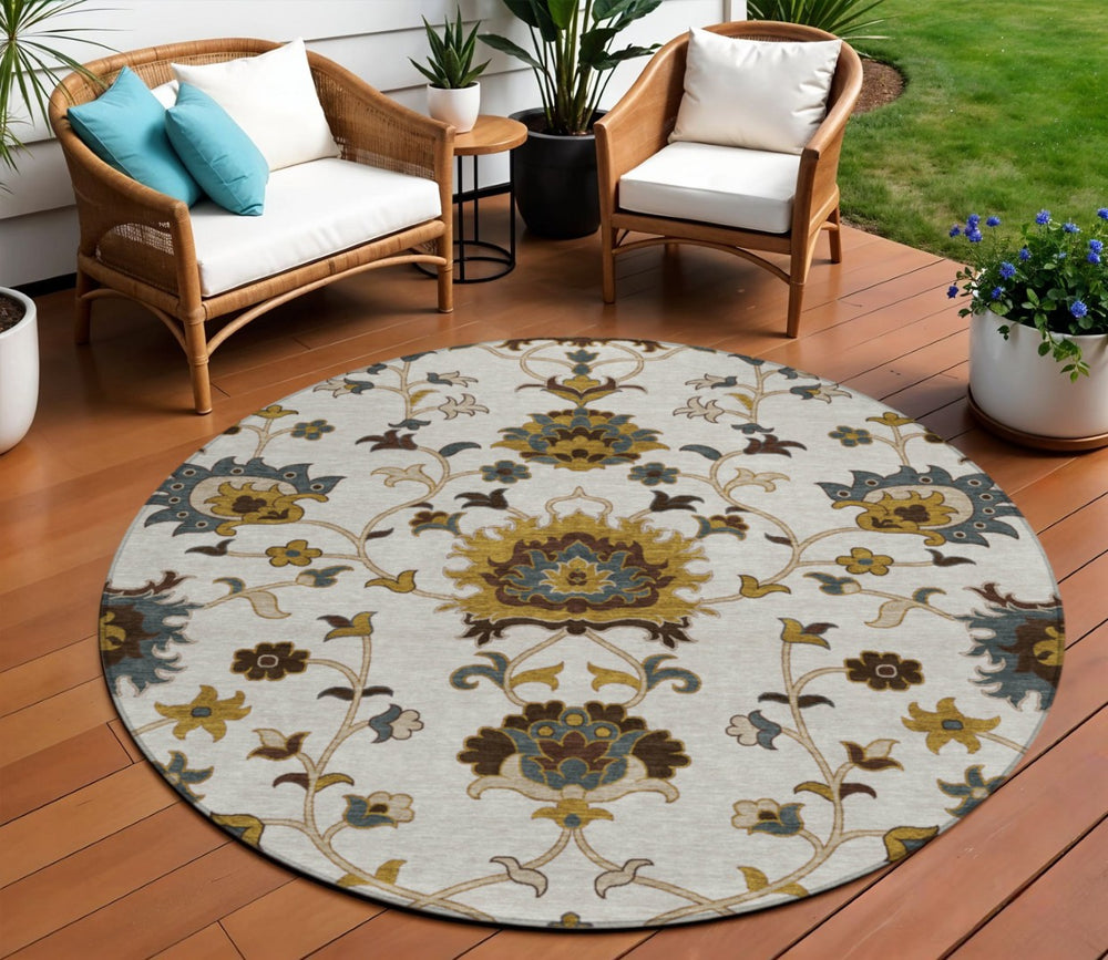 HomeRoots 8' Elegant Floral Area Rug in Ivory, Gray & Gold – Washable, Stain-Resistant for Indoor/Outdoor Use 657933