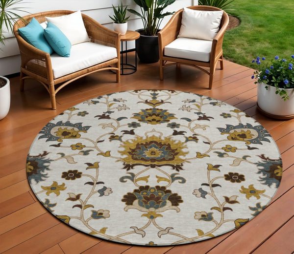 HomeRoots 8' Elegant Floral Area Rug in Ivory, Gray & Gold – Washable, Stain-Resistant for Indoor/Outdoor Use 657933