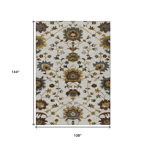 HomeRoots 9' X 12' Elegant Ivory Gray Gold Floral Area Rug - Machine Washable, Indoor/Outdoor Durability & Style 657935