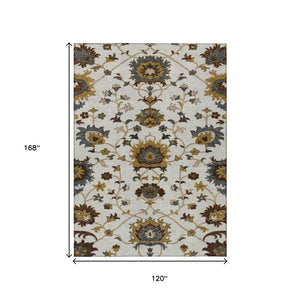 HomeRoots 10' Elegant Ivory Gray Gold Floral Washable Area Rug for Indoor Outdoor Spaces, Stylish & Durable 657936