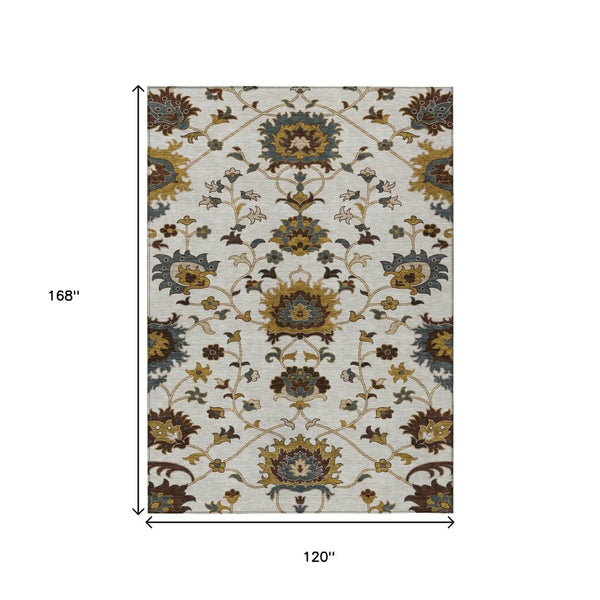 HomeRoots 10' Elegant Ivory Gray Gold Floral Washable Area Rug for Indoor Outdoor Spaces, Stylish & Durable 657936