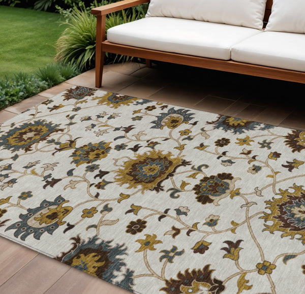 HomeRoots 10' Elegant Ivory Gray Gold Floral Washable Area Rug for Indoor Outdoor Spaces, Stylish & Durable 657936