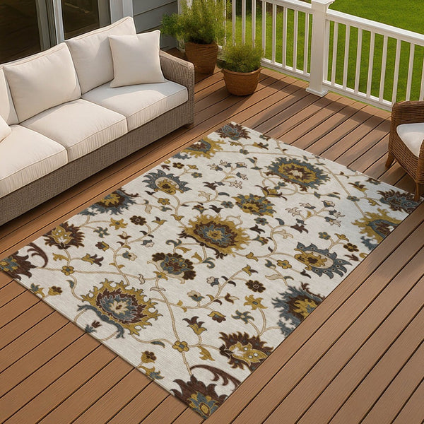 HomeRoots 10' Elegant Ivory Gray Gold Floral Washable Area Rug for Indoor Outdoor Spaces, Stylish & Durable 657936