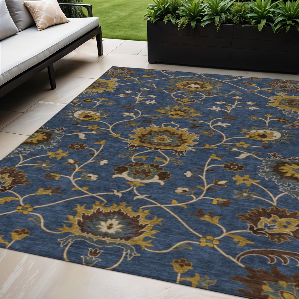 HomeRoots 5' Navy Blue, Gold & Brown Floral Area Rug - Washable, Durable for Indoor/Outdoor Use, 5x8 ft! 657938