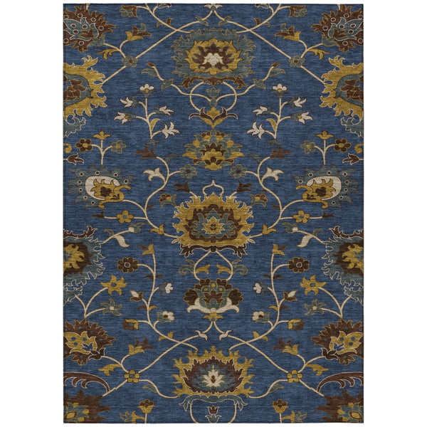 HomeRoots 5' Navy Blue, Gold & Brown Floral Area Rug - Washable, Durable for Indoor/Outdoor Use, 5x8 ft! 657938