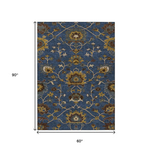 HomeRoots 5' Navy Blue, Gold & Brown Floral Area Rug - Washable, Durable for Indoor/Outdoor Use, 5x8 ft! 657938
