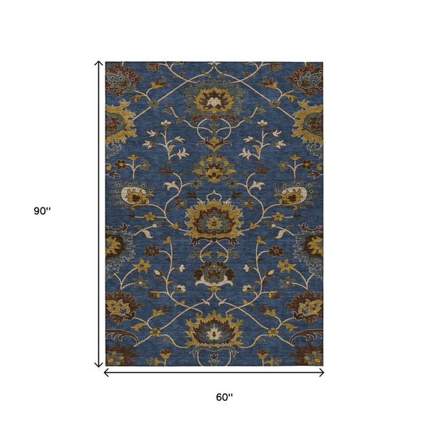 HomeRoots 5' Navy Blue, Gold & Brown Floral Area Rug - Washable, Durable for Indoor/Outdoor Use, 5x8 ft! 657938