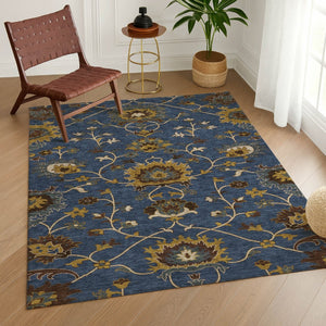 HomeRoots 5' Navy Blue, Gold & Brown Floral Area Rug - Washable, Durable for Indoor/Outdoor Use, 5x8 ft! 657938