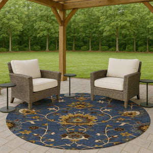 HomeRoots 8' Navy Blue Floral Area Rug – Durable, Washable Round Design for Indoor & Outdoor Spaces 657939