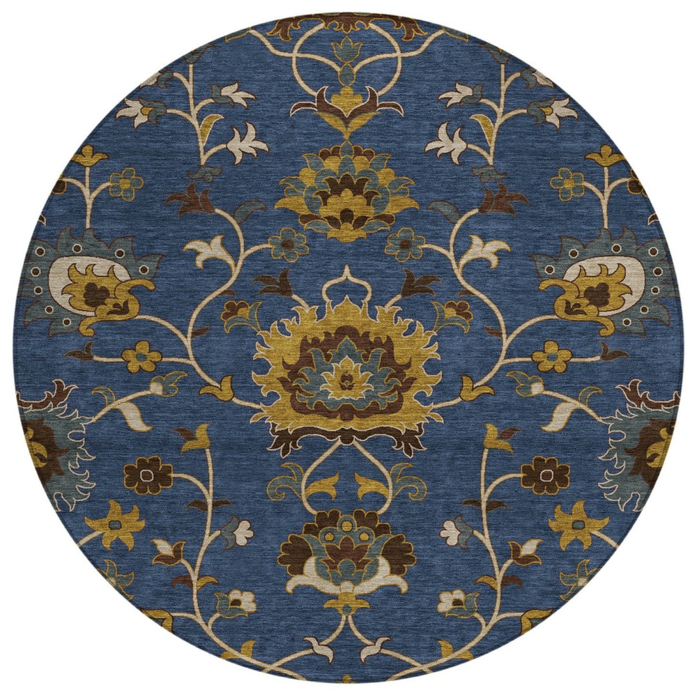HomeRoots 8' Navy Blue Floral Area Rug – Durable, Washable Round Design for Indoor & Outdoor Spaces 657939