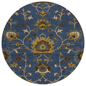 HomeRoots 8' Navy Blue Floral Area Rug – Durable, Washable Round Design for Indoor & Outdoor Spaces 657939