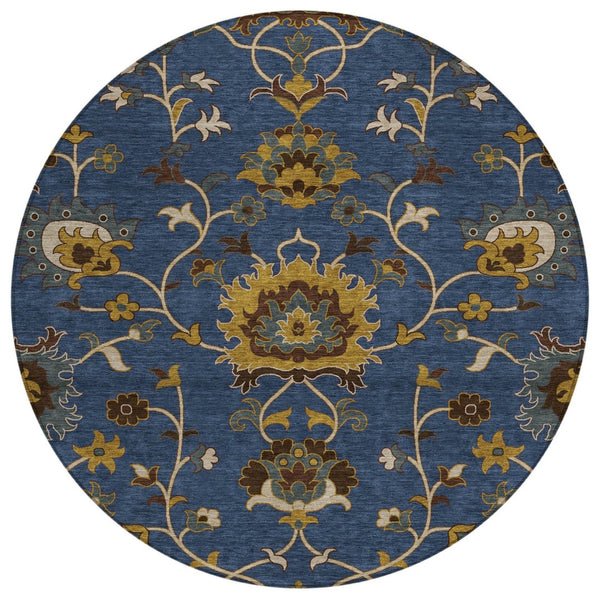 HomeRoots 8' Navy Blue Floral Area Rug – Durable, Washable Round Design for Indoor & Outdoor Spaces 657939