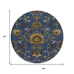 HomeRoots 8' Navy Blue Floral Area Rug – Durable, Washable Round Design for Indoor & Outdoor Spaces 657939