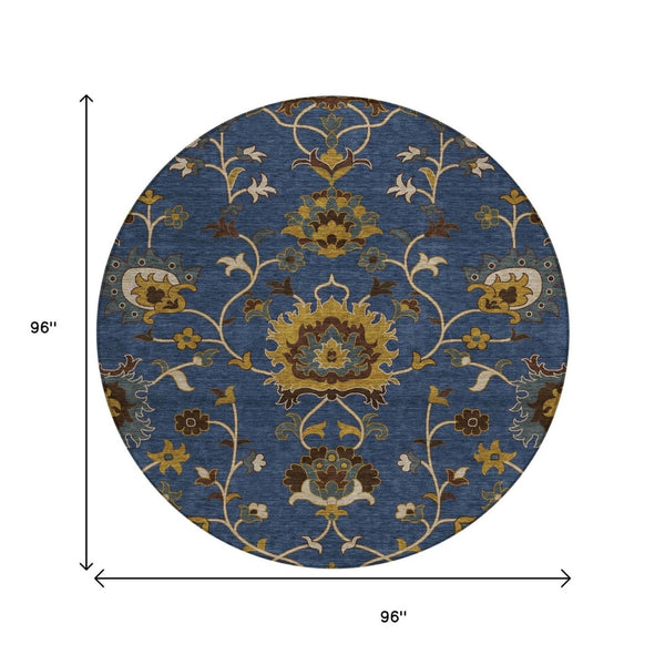 HomeRoots 8' Navy Blue Floral Area Rug – Durable, Washable Round Design for Indoor & Outdoor Spaces 657939