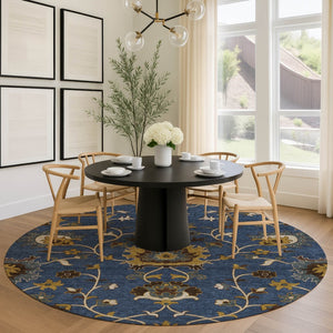 HomeRoots 8' Navy Blue Floral Area Rug – Durable, Washable Round Design for Indoor & Outdoor Spaces 657939
