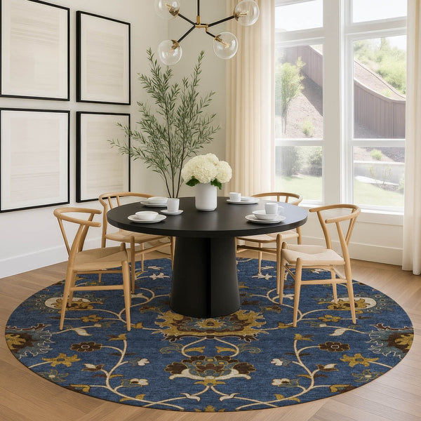 HomeRoots 8' Navy Blue Floral Area Rug – Durable, Washable Round Design for Indoor & Outdoor Spaces 657939