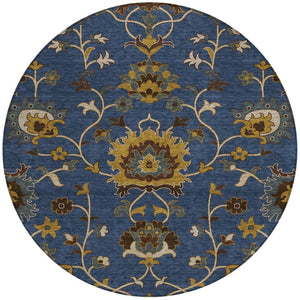 HomeRoots 8' Navy Blue Floral Area Rug – Durable, Washable Round Design for Indoor & Outdoor Spaces 657939
