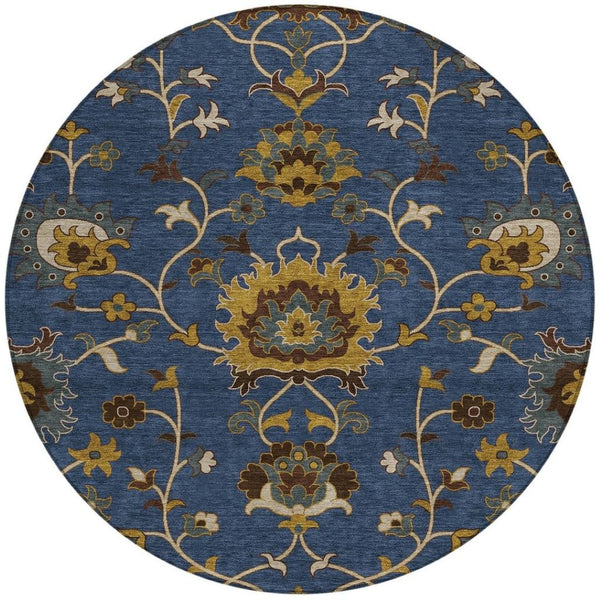 HomeRoots 8' Navy Blue Floral Area Rug – Durable, Washable Round Design for Indoor & Outdoor Spaces 657939