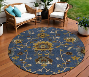 HomeRoots 8' Navy Blue Floral Area Rug – Durable, Washable Round Design for Indoor & Outdoor Spaces 657939