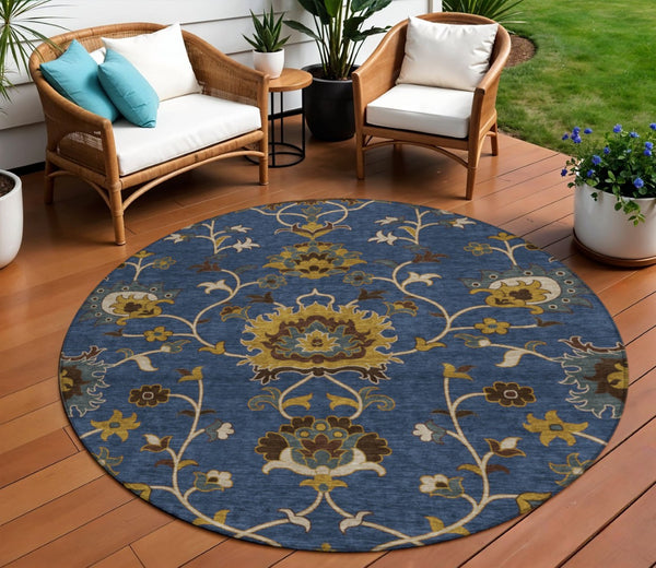 HomeRoots 8' Navy Blue Floral Area Rug – Durable, Washable Round Design for Indoor & Outdoor Spaces 657939