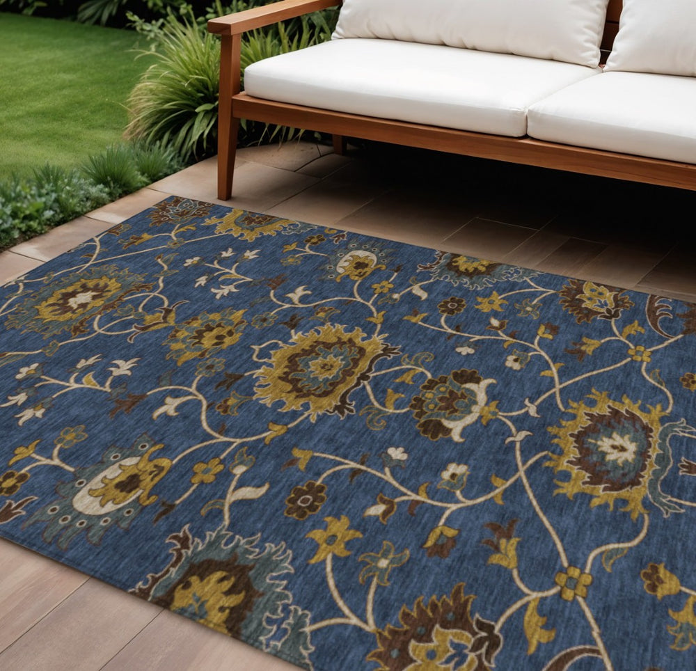 HomeRoots 8' X 10' Navy Blue Gold Brown Floral Area Rug – Durable, Washable, Stylish for Indoor & Outdoor Spaces 657940