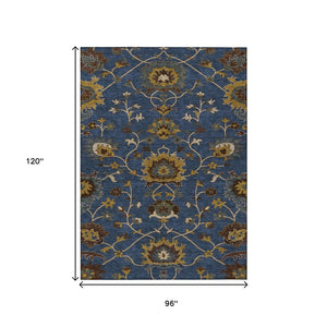 HomeRoots 8' X 10' Navy Blue Gold Brown Floral Area Rug – Durable, Washable, Stylish for Indoor & Outdoor Spaces 657940