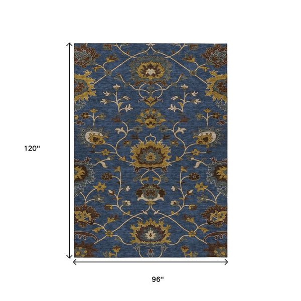 HomeRoots 8' X 10' Navy Blue Gold Brown Floral Area Rug – Durable, Washable, Stylish for Indoor & Outdoor Spaces 657940