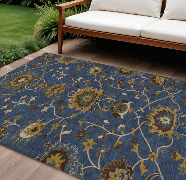HomeRoots 9' X 12' Navy Blue Gold Floral Indoor Outdoor Area Rug - Durable, Washable & Perfect for High Traffic! 657941