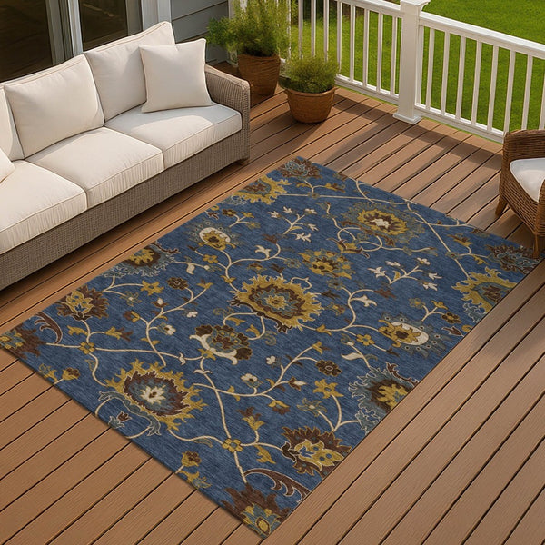 HomeRoots 9' X 12' Navy Blue Gold Floral Indoor Outdoor Area Rug - Durable, Washable & Perfect for High Traffic! 657941