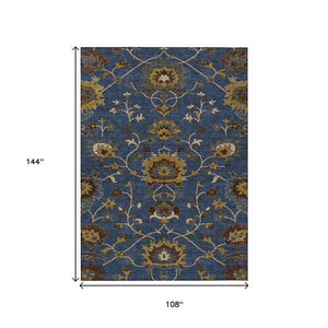 HomeRoots 9' X 12' Navy Blue Gold Floral Indoor Outdoor Area Rug - Durable, Washable & Perfect for High Traffic! 657941