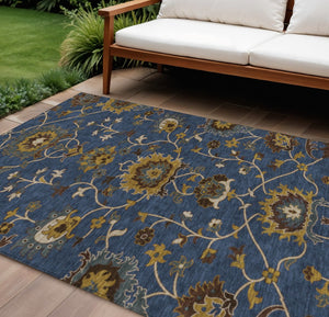 HomeRoots 10' Navy Blue Floral Indoor Outdoor Area Rug – Elegant Design, Machine Washable, Stain-Resistant! 657942