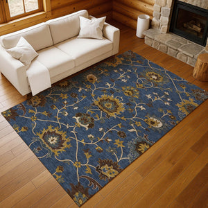 HomeRoots 10' Navy Blue Floral Indoor Outdoor Area Rug – Elegant Design, Machine Washable, Stain-Resistant! 657942