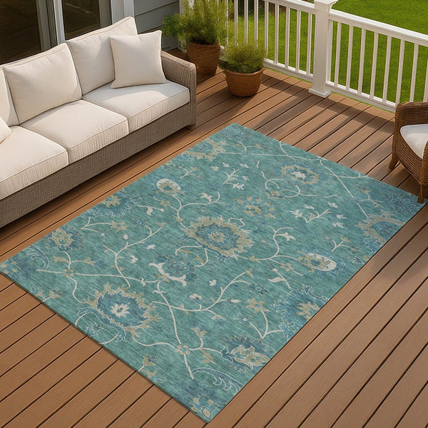 HomeRoots 5' Teal Blue and Ivory Floral Area Rug – Durable, Washable Design for Indoor & Outdoor Spaces! 657944