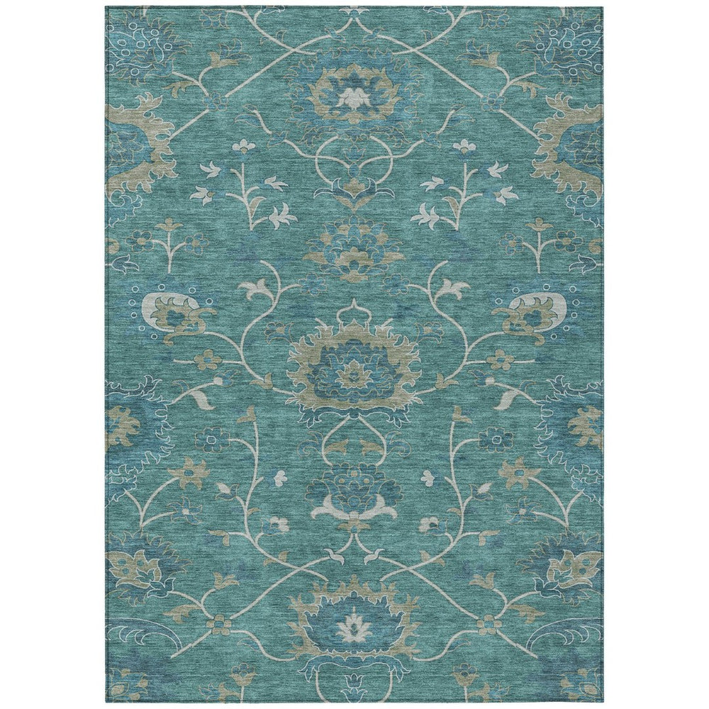HomeRoots 5' Teal Blue and Ivory Floral Area Rug – Durable, Washable Design for Indoor & Outdoor Spaces! 657944