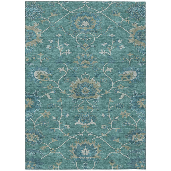 HomeRoots 5' Teal Blue and Ivory Floral Area Rug – Durable, Washable Design for Indoor & Outdoor Spaces! 657944
