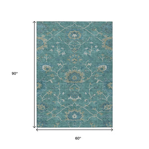 HomeRoots 5' Teal Blue and Ivory Floral Area Rug – Durable, Washable Design for Indoor & Outdoor Spaces! 657944