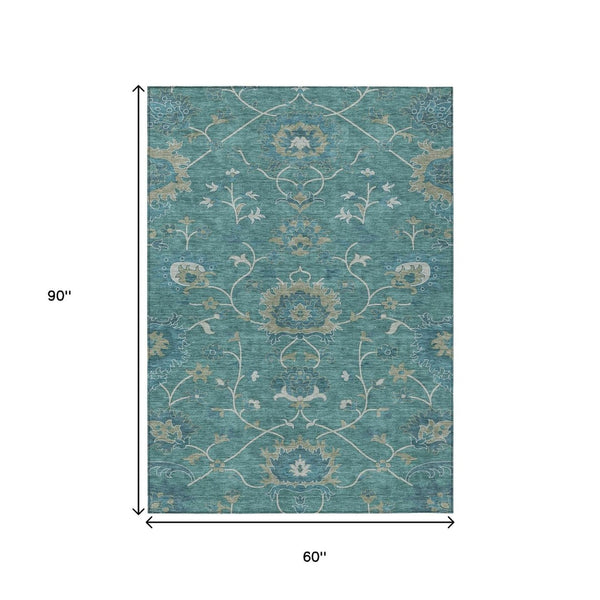 HomeRoots 5' Teal Blue and Ivory Floral Area Rug – Durable, Washable Design for Indoor & Outdoor Spaces! 657944