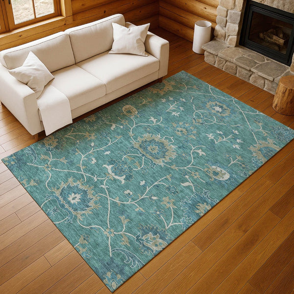 HomeRoots 5' Teal Blue and Ivory Floral Area Rug – Durable, Washable Design for Indoor & Outdoor Spaces! 657944